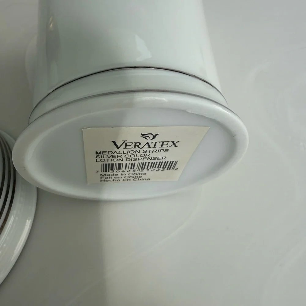 White Ceramic Soap Dispenser and Lidded Jar Set with Silver Trim by Veratex